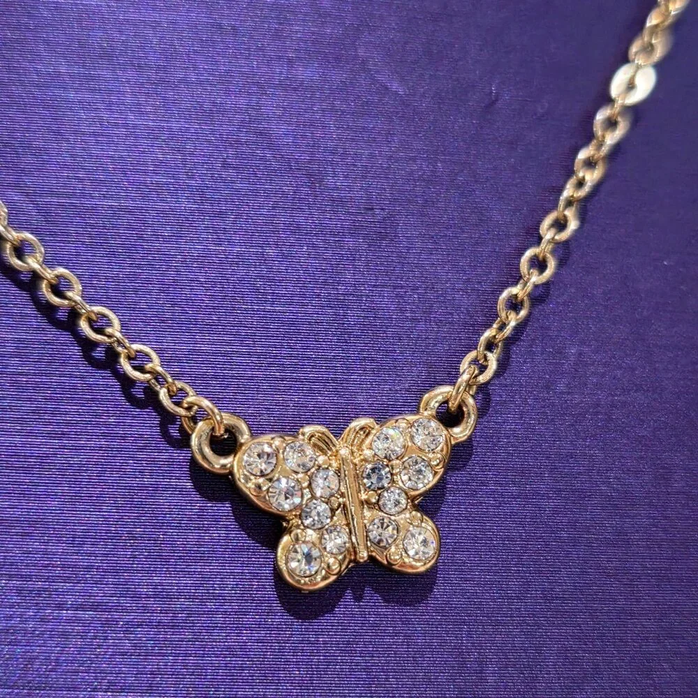 Gold Butterfly Pave Rhinestone Small Gold Chain Pendant Necklace Dainty Small - Picture 1 of 10